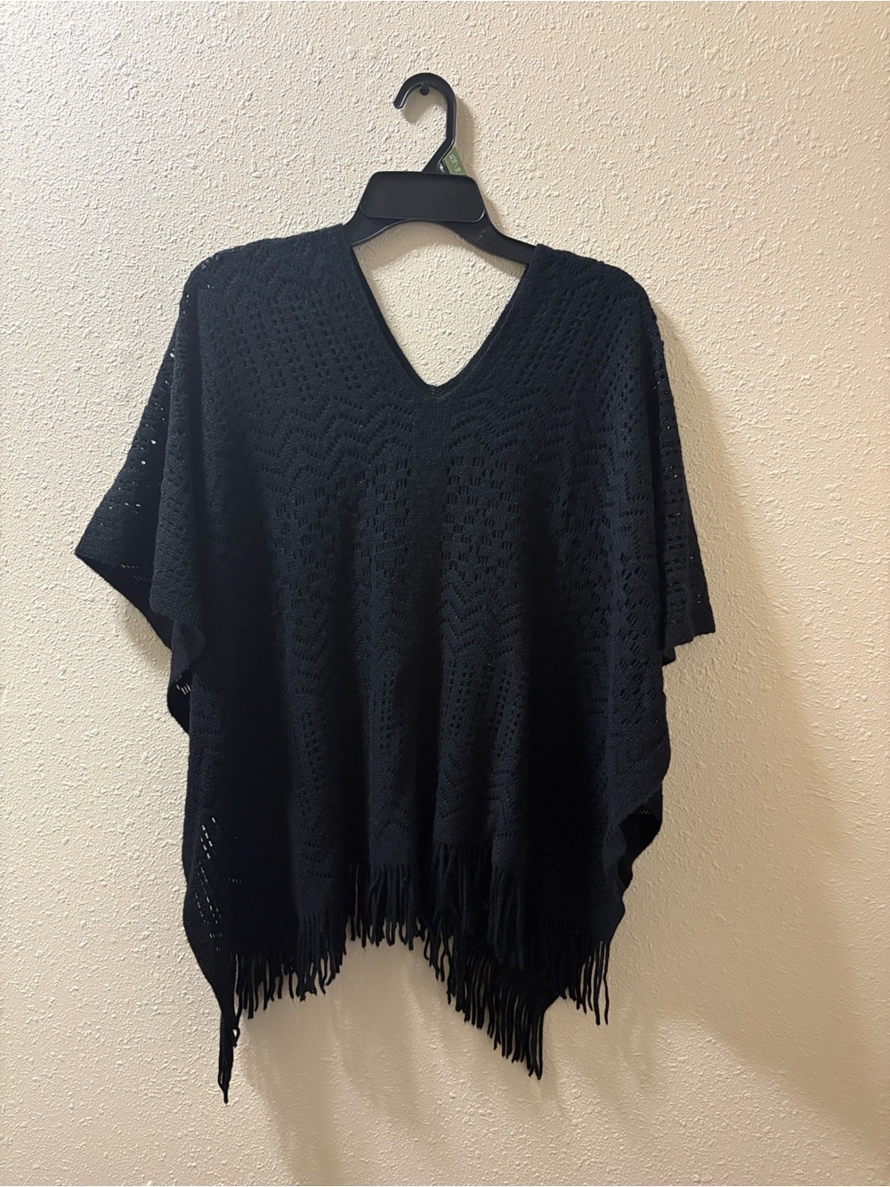 Black V-Neck Knit Fringe Poncho Sweater